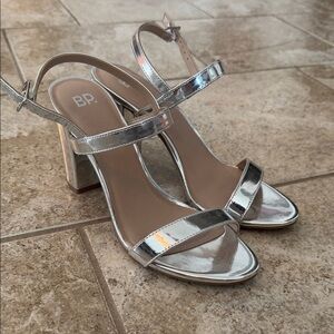 bp Silver Metallic Block Heel Sandals with Ankle Strap